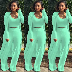 Detailed view of mint green 3-piece ribbed knit lounge set featuring long cardigan