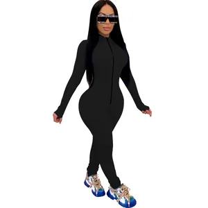 Full-body front view of a solid black long-sleeve sexy tight-fitting one-piece jumpsuit