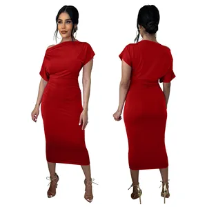 Elegant red one-shoulder ruched bodycon midi dress showing front and back views.