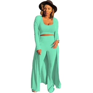 Full view of mint green three-piece ribbed set with cropped top and long cardigan