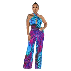 Schicker Neckholder-Jumpsuit mit auffälligem tropischem Palmenblatt-Print-Design