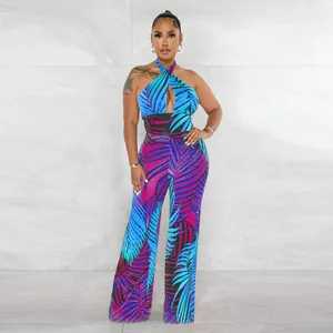 Ärmelloser, rückenfreier Neckholder-Jumpsuit mit lebhaftem blauen Tropenblatt-Print