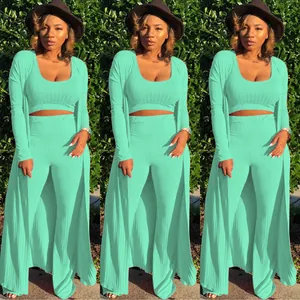 Women's sexy mint green high-stretch ribbed 3-piece set with long cardigan and pants
