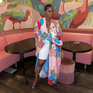 Elegant bohemian floral and bird print long kimono cardigan duster coat for women