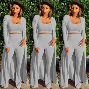 Grey ribbed 3-piece set including crop top, wide-leg pants, and long cardigan