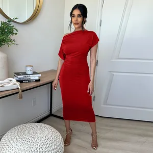 Red ruched one-shoulder midi dress featuring elegant bodycon silhouette details.
