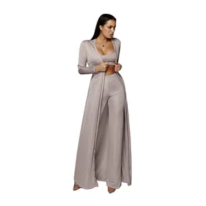Ensemble de détente 3 pièces élégant en maille côtelée gris mauve pour femme moderne