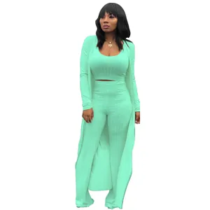 Sexy mint green three-piece rib-knit set featuring a long cardigan and high-waist pants