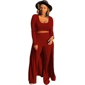 Full view of women's ribbed 3-piece set with long cardigan and wide-leg pants