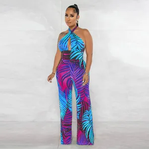 Sexy ärmelloser Jumpsuit mit tropischem Palmenprint, Neckholder und weitem Bein Design