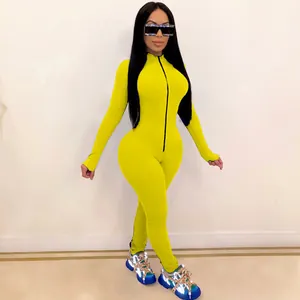 Women's sexy neon yellow slim fit long sleeve catsuit jumpsuit with front zipper closure