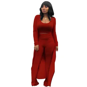 Full-length view of a sexy red high-stretch ribbed three-piece set with long cardigan