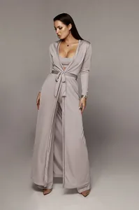 Ensemble de détente chic 3 pièces en maille côtelée mauve avec gilet long et pantalon