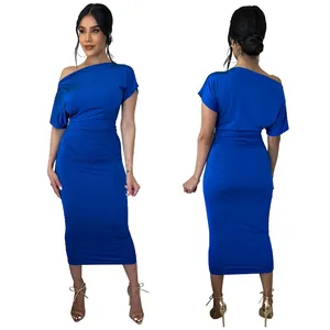 Front and back view of a royal blue ruched one-shoulder bodycon midi dress for women