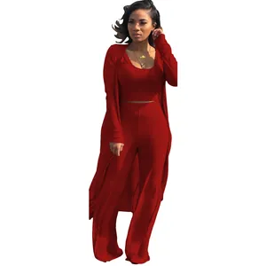 Detailed full-body view of women's red 3-piece high-stretch ribbed knit lounge set.