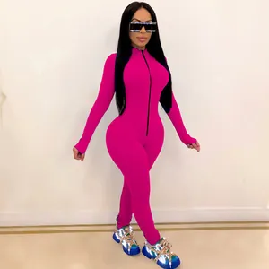 Sexy magenta long sleeve bodycon jumpsuit with front zipper detail for women