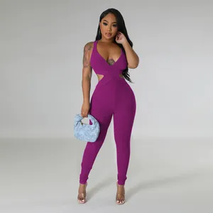Mono sexy morado sin mangas con cuello en V profundo para mujer de estilo elegante