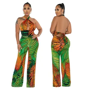Ärmelloser rückenfreier Jumpsuit mit Tropenprint, Vorder- und Rückansicht im Detail