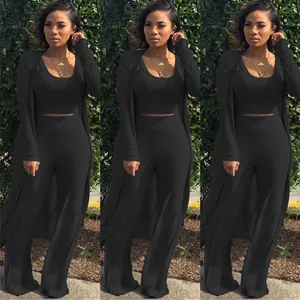 Black ribbed 3-piece lounge set with crop top, wide-leg pants and duster cardigan