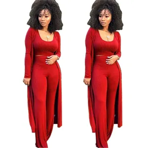 Three-piece ribbed knit outfit set featuring a crop top, wide-leg pants and a long cardigan