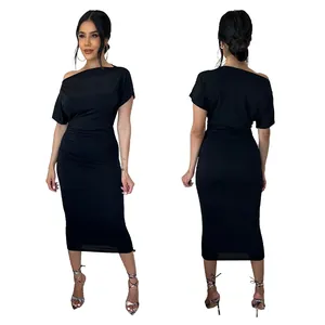 Black solid pleated one-shoulder bodycon midi dress showing front and back views.