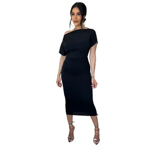 Elegant black one-shoulder ruched midi dress with a slim fit silhouette for women
