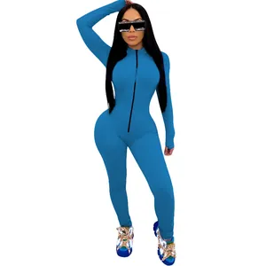 Full view of blue long-sleeved tight jumpsuit with front zipper for women