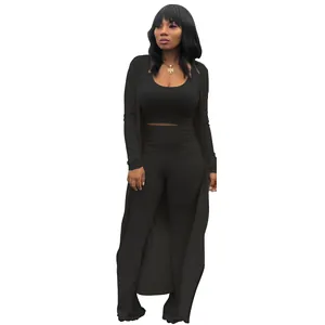 Black ribbed three-piece set with crop top, high-waist pants, and long cardigan