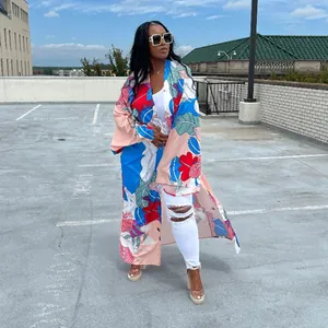 Fashionable floral print long sleeve kimono cardigan for women in urban outdoor setting