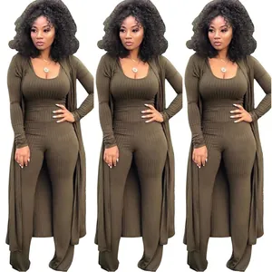 Details of olive green 3-piece ribbed knit set for women featuring long cardigan