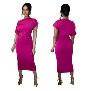 Front and back detail of a hot pink ruched one-shoulder bodycon midi dress