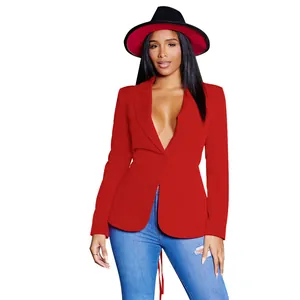 Elegante rode blazer met lange mouwen en één knoop met een diepe, sexy V-halslijn