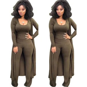 Sexy olive green ribbed 3-piece outfit featuring long cardigan, top and pants for women