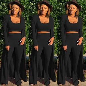 Sexy black three-piece ribbed set featuring a crop top, high-waist pants, and long cardigan