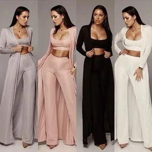 Ensemble 3 pièces en maille côtelée 4 couleurs avec crop top et cardigan long femme