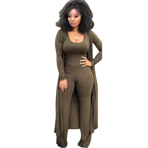 Detailed view of sexy three-piece ribbed knit outfit set in olive green for women