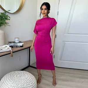 Detail view of hot pink one-shoulder ruched bodycon midi dress for women