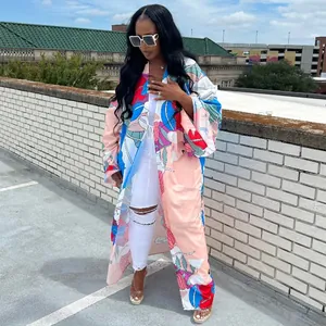 Stylish colorful tropical leaf printed loose casual kimono cardigan windbreaker for women