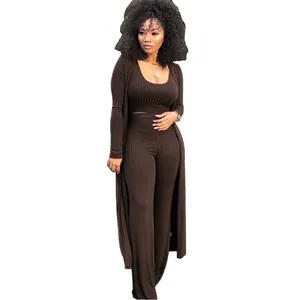 Detail view of brown high-stretch ribbed 3-piece set with cardigan and high-waist pants