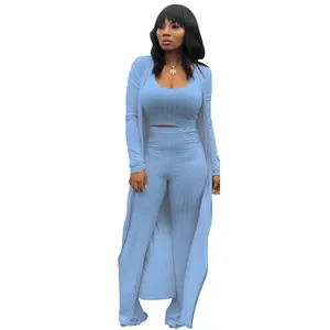 Fashionable blue high-elastic ribbed three-piece set with long cardigan and pants