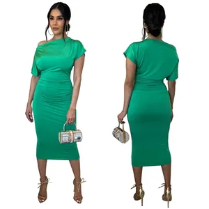 Detail view showing front and back of green one-shoulder ruched midi bodycon dress