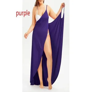 Close-up view of the purple wrap maxi dress featuring an irregular hem and sexy V-neck