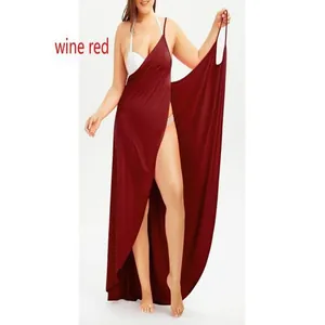 Elegant wine red irregular wrap dress for women beach vacation style detail view