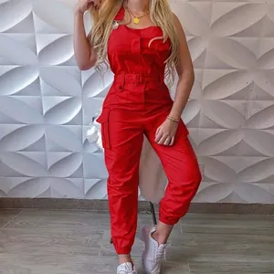 Detailed view of red strapless cargo jumpsuit with multi-pockets and waist belt