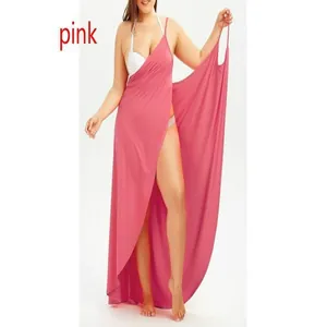 Plus size pink beach wrap dress with irregular hem and V-neck design