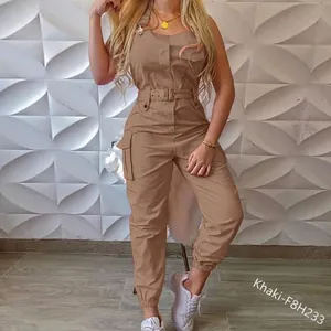 Detailed view of women's khaki utility cargo jumpsuit featuring pockets and a matching waist belt