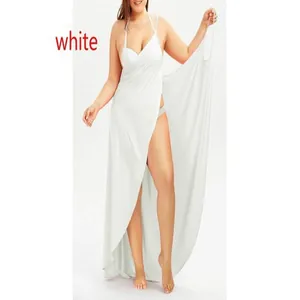 Elegant white wrap-style beach cover-up maxi dress featuring sexy V-neck and high slit design