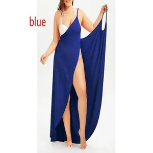 Elegant deep blue wrap style beach cover-up maxi dress with a sexy high slit detail