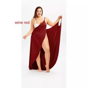 Elegant sexy wine red irregular wrap dress for women with V-neck and high split hem