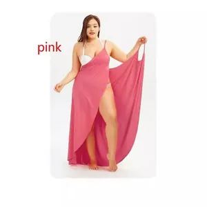 Elegant pink V-neck irregular hem wrap dress for women sexy beach cover up style